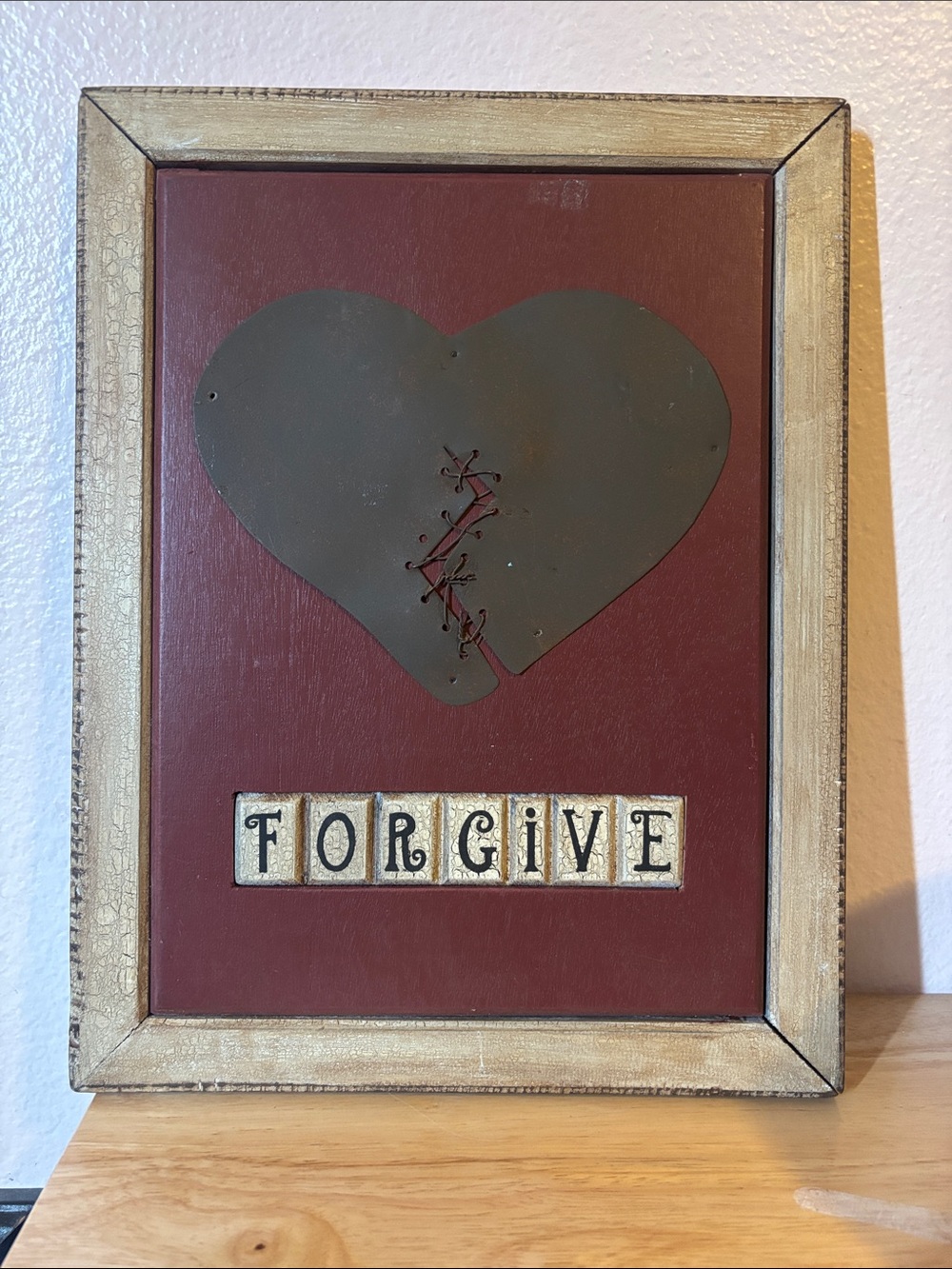 Dan DiPaolo Framed Wall Art Stitched Heart "Forgive" Unique Folk Art